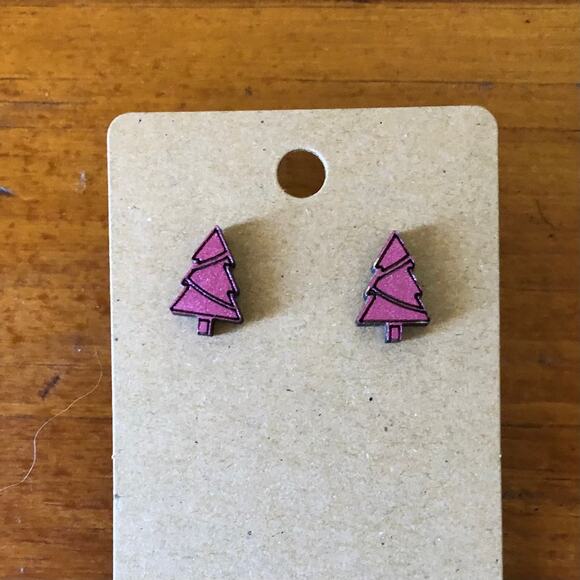 Pink Mini Christmas Tree Stud Earrings - Hand Painted Wood, Hypoallergenic - Picture 1 of 4